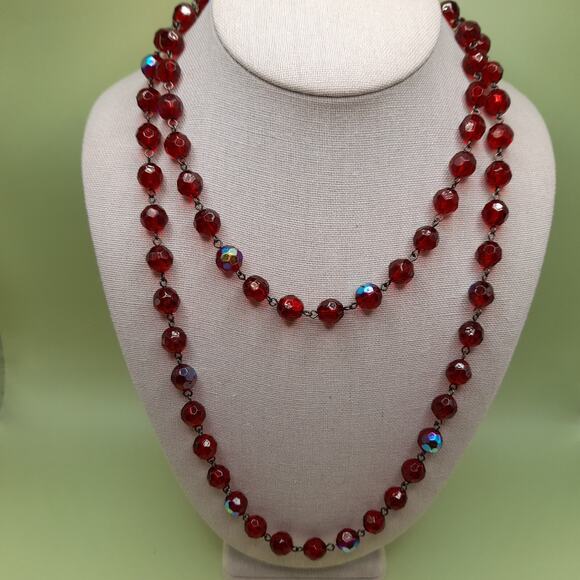 Vintage Czech Red Fire Polished Bead Necklace 42” Wire Wrapped No Clasp Jewelry - Picture 6 of 9